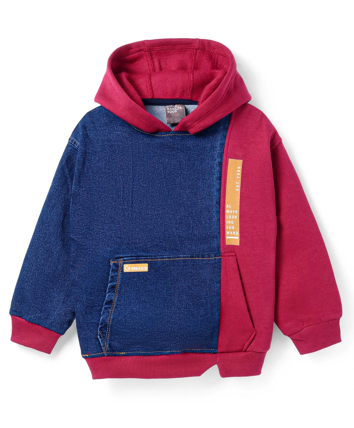 Maroon & Denim Blue Colorblock Hoodie with Kangaroo Pocket