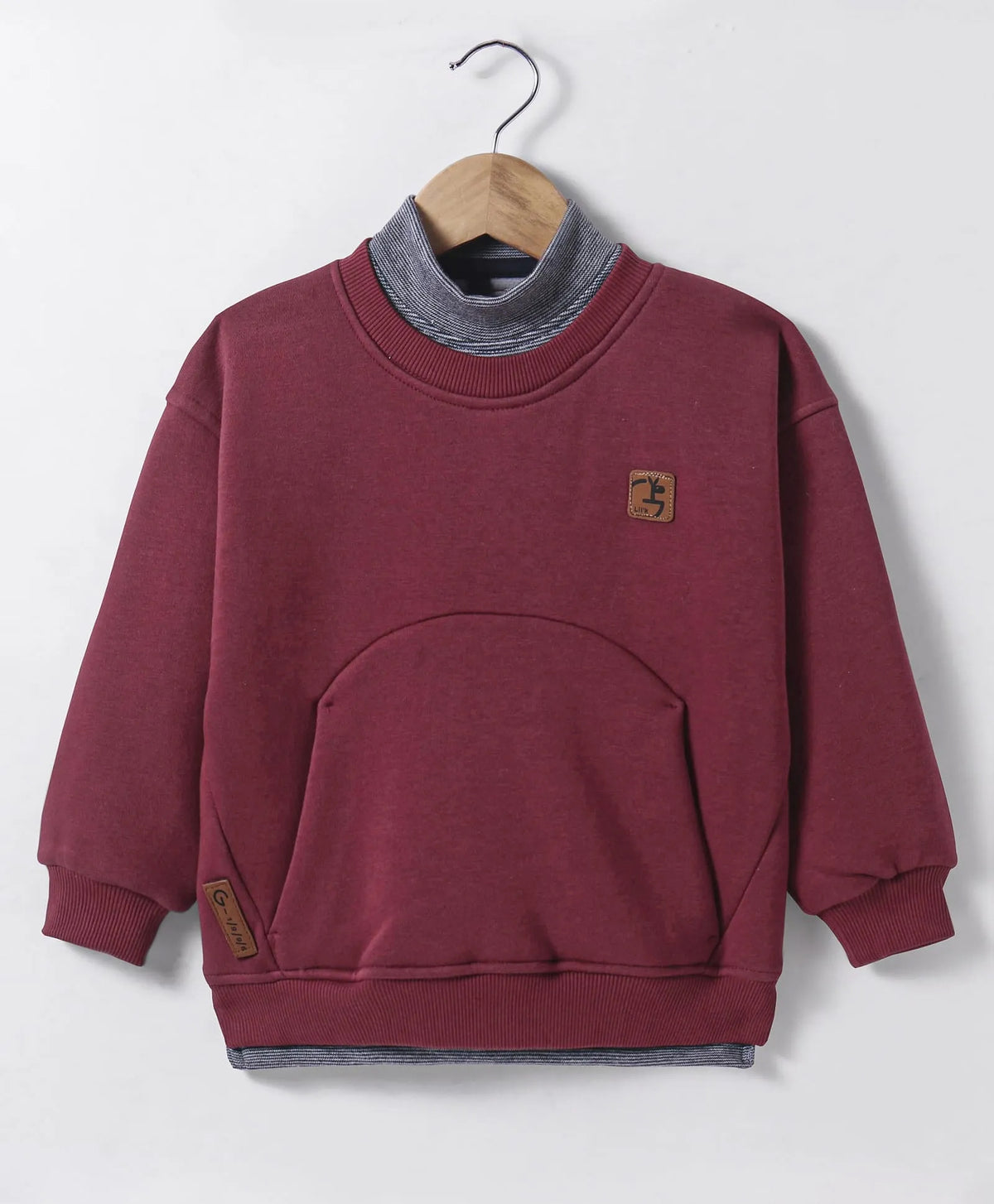 Maroon Sweatshirt with Contrast Grey Mock Neck & Kangaroo Pocket